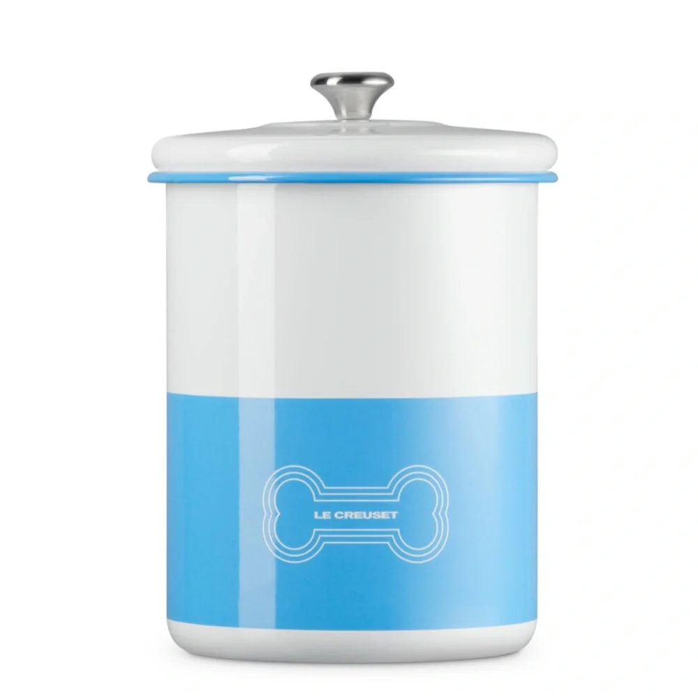 NEW in Box Le Creuset Blue and White Dog Treat Jar